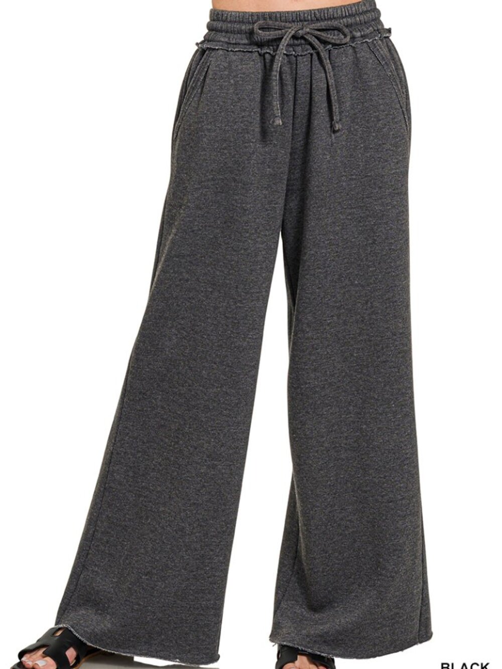 Acid Wash Fleece Wide Leg Palazzo Sweatpants with Pockets in Black